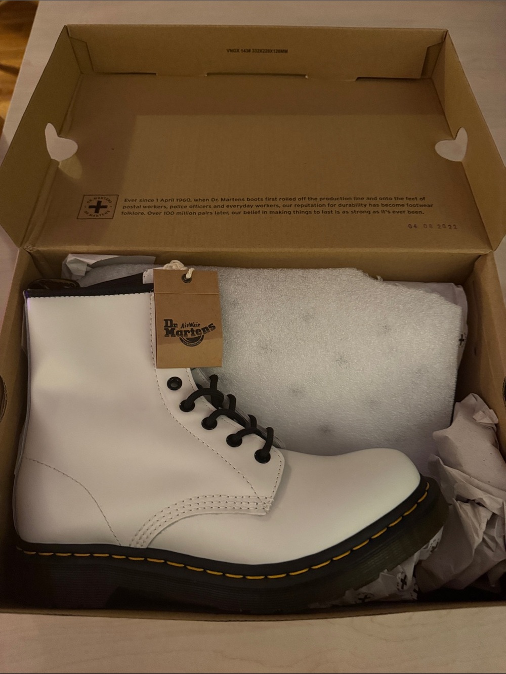 Dr. Martens White 8-Eye Lace-Up Leather Boot with Yellow Stitching